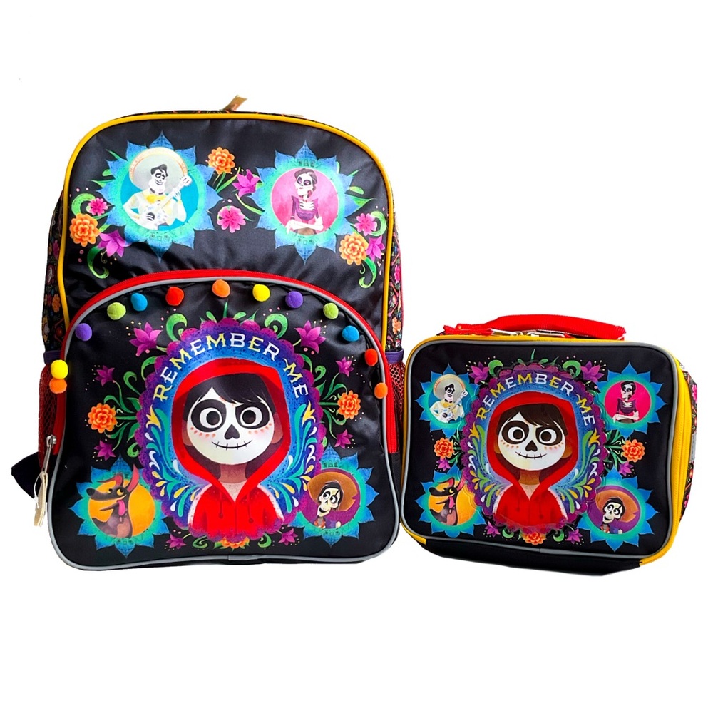 Disney Coco 16” Backpack Lunch Bag Set Kids Boys Girls School Lunchbox Black